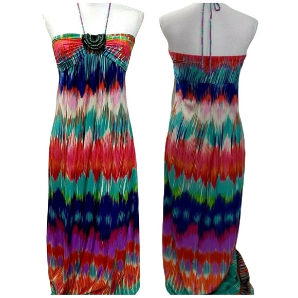Heartsoul Womens Maxi Halter Dress Ikat Multicolor Beach Lounge Sz S - Picture 1 of 13